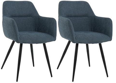 Mevsim Store Esszimmerstühle 2er Set Blau – Polsterstühle mit Armlehne aus Leinenstoff – Bequeme Küchenstühle mit Metallbeinen für Wohnzimmer & Essbereich