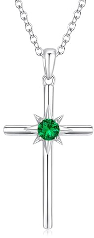 LOCIBLO May Birthstone Necklaces for Women 925 Sterling Silver Cross Pendant White Gold Green Synthetic Emerald Necklace Crucifix Jewellery for Her, 16+2