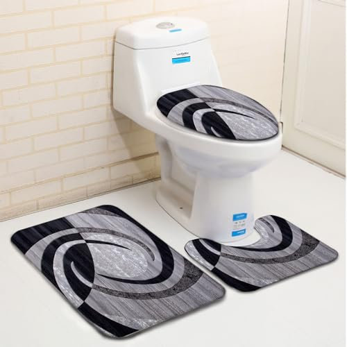 Ensemble de Tapis de Salle de Bain 3 pièces Rond Ondulé Gris Noir Tapis Salle Bain Set Lavable avec Tapis Contour Antidérapant + Housse d'abattant WC + Tapis de Bain