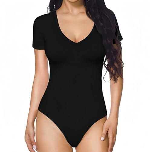 SamHeng V Neck Bodysuit for Women Short Sleeve Tank Top Ladies Sexy Leotard Body Suits with Snap Closure Going Out Casual Slim Fit T-Shirts(Black/L)