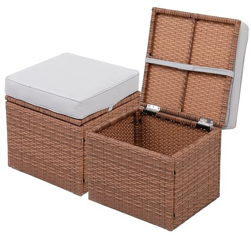 OPENAIRCOMFORT Eleganter grau/gelbbrauner Premium, 41,9 cm, 2-teilig mit 7,6 cm lichtbeständigem Kissen, Allwetter-Weiden-Ottomane, PE-Rattan-Beistelltisch und Fußhocker, Fußstütze, ideal für die