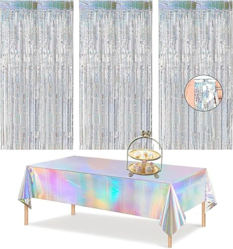Lametta Vorhang Silber Glitzer- Metallic Party Vorhänge Geburtstag Foto Hintergrund Folien Fransen Luftschlangen für Geburtstag Disco Wiederverwendbar Dancing Queen Abschluss Party Dekoration