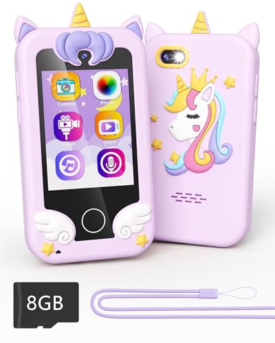 Telephone Enfant, Jouets pour Enfants, Cadeau pour Filles et garçons âgés de 3 à 8 Ans, Téléphone factice avec Lecteur de Musique, Double caméra, Jeux de Puzzle, Carte SD 8 Go et écran Tactile