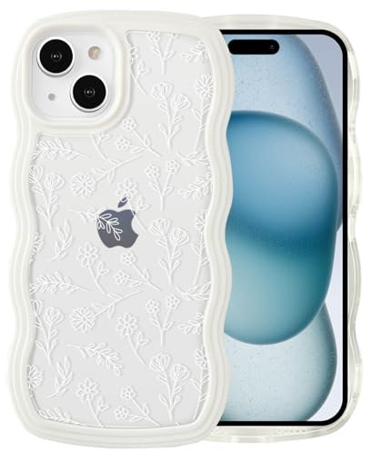 QLTYPRI for iPhone 13/14, Cute Curly Wave Frame Clear Case for Girls Women, Flower Clear TPU Bumper Soft Silicone Shockproof Protective Phone Cover - White Floral