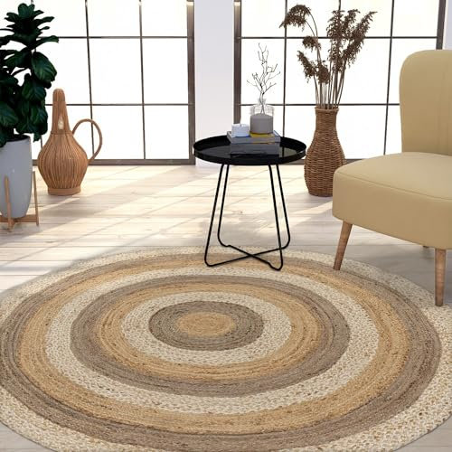 TT Home Jute Teppich Rund Wohnzimmer Esszimmer Boho Modern Handgemacht Mit Umrandung, Farbe:Bunt, Größe:160 cm Rund