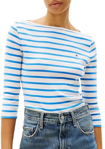 Tommy Hilfiger Damen Langarmshirt Slim U-Boot-Ausschnitt, Mehrfarbig (Ecru/Blue Spell STP), M