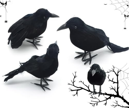 FaJoek Halloween-Schwarze Krähe, 3 PCS Rabe Prop, Halloween Krähe Requisiten, Halloween Krähen Dekoration, Schwarzer Rabe Deko, Krähen Requisite Horror, Realistische Feder Krähen, Horror Party Deko