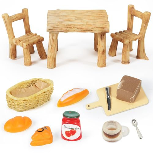 Miniatur Lebensmittel Puppenhaus Zubehör Weihnachten, Miniatur Wichtel Zubehör Essen, Miniatur Brot, Kuchen, Tomatensauce, Kaffee, Brotkorb, Wichtel Tisch und Stühle, 1:12 Miniatur Küche Zubehör
