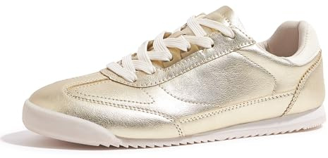 LUCKY STEP Women's Leather Flats Fashion Sneakers Lace Up Tennis Casual Shoes (Gold, 10US-40EU-7UK)