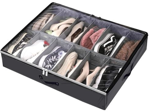 ToKinCen Under Bed Shoe Storage Organiser, Foldable Storage Box, Underbed Shoes Bag Storage with Clear Lid - Holds 12 pairs of shoes