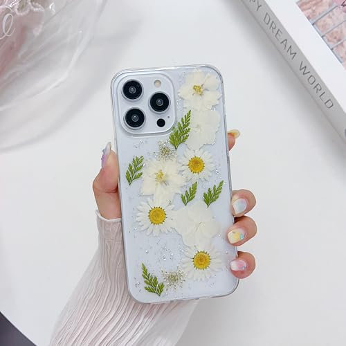 EYZUTAK Case for iPhone 14/iPhone 13, Clear Handmade Real Dried Daisy Flower Leaf Embedded Pressed Floral Flexible Soft Rubber Gel TPU Protective Bumper Back Cover for Girls Women - White