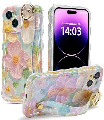EYZUTAK Case with Hand Strap for iPhone 14 Plus/iPhone 15 Plus, Colorful Oil Painting Flower With Wristband Kickstand Laser Curly Wave Edge Case Durable TPU Protective Cover for Women - Green