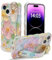 EYZUTAK Case with Hand Strap for iPhone 14 Plus/iPhone 15 Plus, Colorful Oil Painting Flower With Wristband Kickstand Laser Curly Wave Edge Case Durable TPU Protective Cover for Women - Green