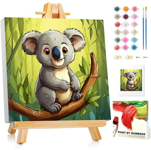 Koala Malen Nach Zahlen Kinder mit Rahmen, Koala Malen Nach Zahlen Kinder ab 5 6 7 8 9 10 Jahre, Malset Geschenk für Mädchen und Jungen - 20x20cm Mit Staffelei