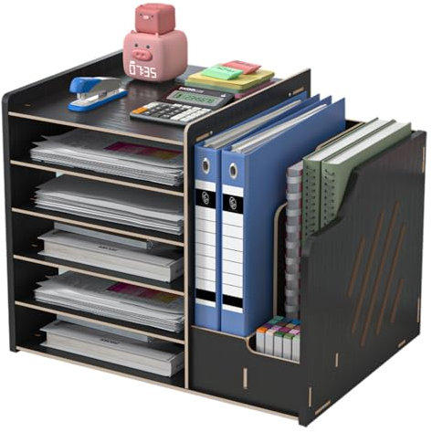Hggzeg Wooden Desk Organiser, Large Capacity Desktop Organizer File Rack A4 Paper Document Sorter, DIY Office Supplies Storage Box for Home, Office and School (JB07-4 Black)