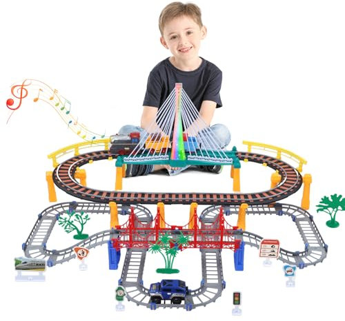 JONRRYIN Tren Juguete Electricos para Niños, Juguetes Infantiles de Pista para Coches, Transporte Urbano Ferrocarril Tren Juegos, Tren Navidad Cumpleaños Regalo para Niños Niñas (102)