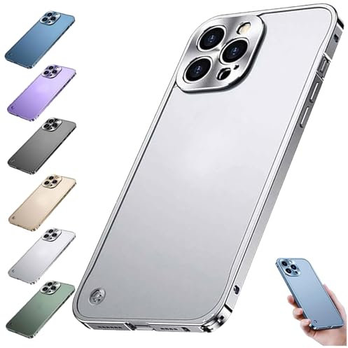 Luxury Metal Border Shockproof Compatible with iPhone, Metal Frame Translucent Frosted Acrylic Back Plate Case, Compatible with 12 13 14 15 Pro Max (for 13,Silver)