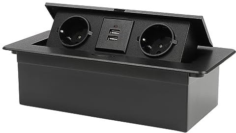 HUSPOO Einbausteckdose Versenkbar 2 Fach mit 2 USB, Einbau Steckdosenlieste Arbeitsplatte mit Deckel, für Küche Schreibtisch Werkbank Einbausteckdose mit 1.8M Kabel (Schwarz)