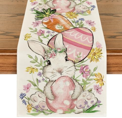 Artoid Mode Hasen Blumen Karotten Ostereier Ostern Tischläufer, Frühling Küche Tisch Dekoration Drinnen Urlaub Party Dekor 40x180 cm