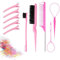 7 piece set Pink Hair styling tools, Hair comb, topsy tail hair tool, Edges brush, Hair comb set, Suitable for girls to do styling and female hair salons