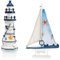 com-four® 2-teiliges maritimes Deko-Set - Dekoratives Holz-Segelschiff 27 cm und Leuchtturm 23 cm für EIN maritimes Ambiente in Ihrem Zuhause (02-teilig - Segelschiff + Leuchturm blau)
