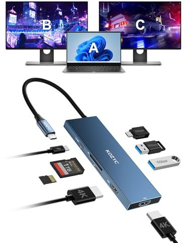 USB C Docking Station Dual Monitor 4K@60Hz, KOZYC 8-in-1 USB C Hub with 2 HDMI, USB-C 3.0, 2xUSB-A 3.0, SD/TF, 100W PD, Support HDMI Splitter Extended Display 2 Monitors Compatible with HP, Dell