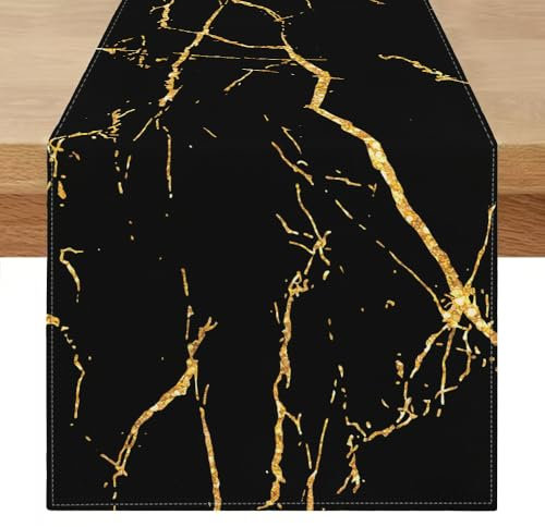 Tischläufer 180x40 Abwaschbar Leinen Tisch Läufer Modern Schwarz Gold Goldene Textur Abstrakte Tischdecke Läufer Frühlings Sommer Kunst Tischdecke für Esszimmer, Kommode, Schlafzimmer