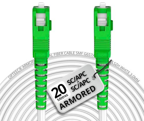 opteec® - Câble Fibre Optique en Acier Blindé - ORANGE/SFR/BOUYGUES/SOSH/RED by SFR - Rallonge/Jarretière - SC/APC à SC/APC Renforcé - Simplex Monomode - Garantie 10 Ans (Armored, Blanc, 20M)