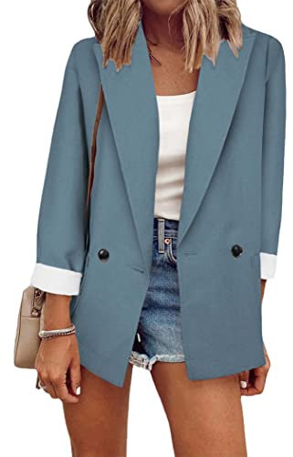 OMZIN Damen Offene Vorderseite Langarm Arbeit Büro Jacken Blazer mit Taschen Blau XL
