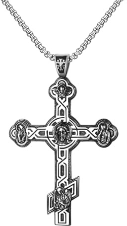Flongo Kreuz Anhänger Halskette für Herren: Edelstahl Orthodoxe Kreuz christliche religiöse Kette Russisch Orthodoxe Amulett Taufe Kommunion Geschenk Doppelseitige Jesus Gebete Weihnachten Halloween