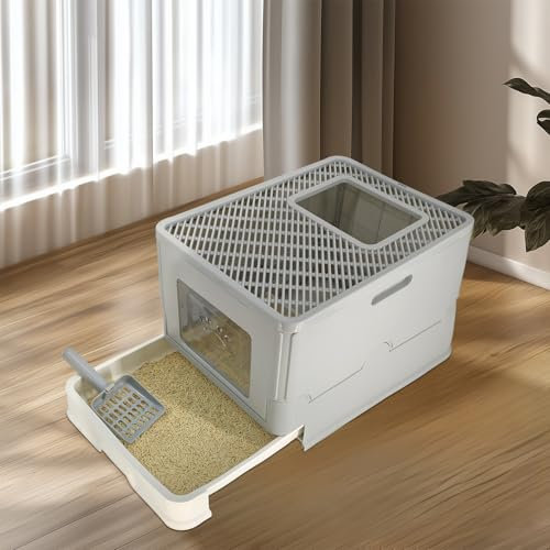 BingoPaw Grey Cat Litter Box: Plastic Cat Litter Box with Slide-out Tray Front Entry Top Exit Toilet Boxes with Convenient Litter Scoop for Kittens Easy Cleaning