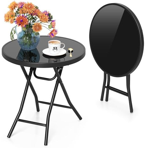 GOPLUS Beistelltisch rund, Ø46cm Gartentisch klappbar aus Metall und gehärtetem Glas, Balkontisch klein wetterfest, Bistrotisch Kaffeetisch, Terrassentisch Outdoor für Balkon Garten Terrasse (Schwarz)