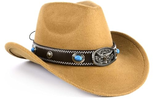 TOLASTO Western Cowboy Hat for Men Women - Adjustable Buckle Band, Wide Brim Vintage Fedora, Shapeable Unisex Bush Hat for Derby Party & Outdoor, Khaki