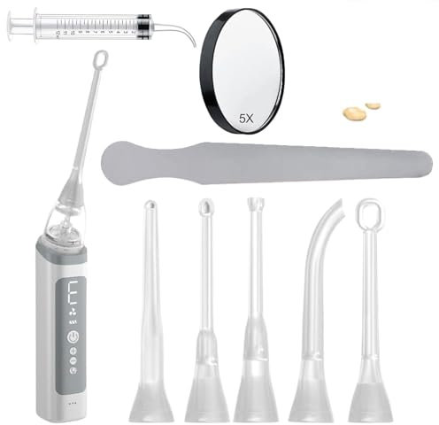 HFDJRWK Kit D'élimination Électrique des Calculs Amygdaliens Seringue D'irrigation, Loupe 5X, 3 Modes D'aspiration Extracteur de Calculs Amygdaliens Irrigateur Buccal(009)