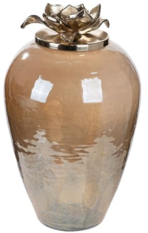 GILDE Deckelvase Flor aus Glas - champagnerfarben - rund - Blumenmotiv - Höhe 40cm x Ø 23cm - Dekovase