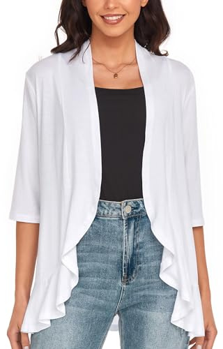 GLEENOD Cardigan da donna, maniche a 3/4, casual, leggero, elegante, cardigan aperto, senza bottoni, bianco, L