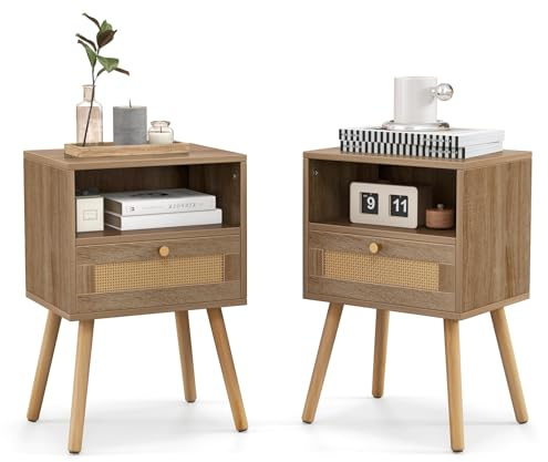 FANTASK 2er Set Nachttisch mit Schubladen, 40 x 30 x 60,5 cm, Nachtkommode Holz mit Massivholzbeinen, Boho Nachtschrank für Schlafzimmer, Wohnzimmer, Natur