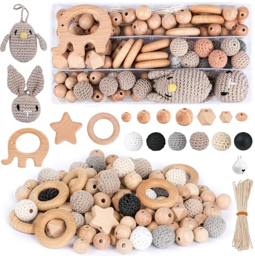 ARTREE Buchenholz Perlen Selber Machen, Beech Holzperlen Rund Holzkugeln mit Loch zum Auffädeln, Holzperle Holzringe Set, Holzperlen Holz Perlen für basteln DIY, DIY Bastelset