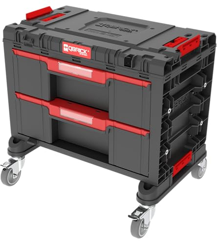 Qbrick System Werkzeugkoffer Sortierbox Leer – 2 Schubladen – Werkzeugkiste – Mobiler Adapter auf Rollen – 542 x 335 x 369 mm – Schwarz