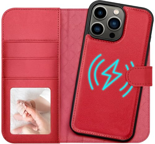 CoolGadget 2in1 Klapphülle für iPhone 13 Pro Magnetisch, Leder Wallet Rot | abnehmbare Hülle kompatibel mit MagSafe, 3 Kartenfächer mit RFID Schutz, PU Leder Klapptasche, Standfunktion