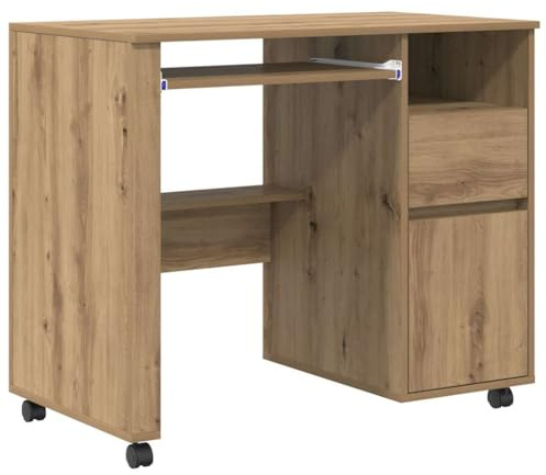 GeenYuu Schreibtisch mit Rollen Artisan-Eiche 91 x 50 x 77 cm Holzwerkstoff mit Schublade, Regal, Ablage und Stauraum für Homeoffice, Büro, Arbeitszimmer, PC, Laptop, Monitor, Gaming, Lernen