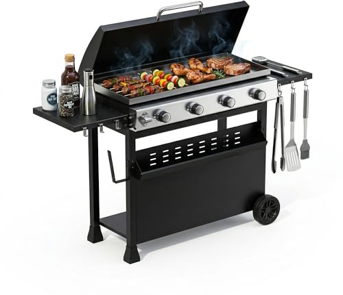 ZoomBuggy Gasgrill mit 4 Edelstahl-Brennern und 32.000 BTU, BBQ-Grillwagen mit 3086 cm² Flachgrillplatte, mobiler BBQ-Grill als Stand- oder Tischgrill nutzbar, Propan-Gasgrill, witterungsfeste Haube