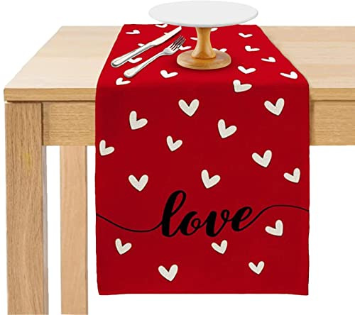 Povanjer Tischläufer Valentinstag Valentinstag Tischdecke Rot mit Herz Muster | Tischläufer Esstisch Dekoration für Zuhause, waschbar, 12 x 70 cm