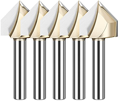 HUHAO 5Pcs 90 Degree V Groove Router Bit Set 1/4 Inch Shank,3D V Shape Milling Wood Cutter,CNC Engraving V Grooving Bit Cutter for Woodworking Carving, Cutting Diameter: 1/2