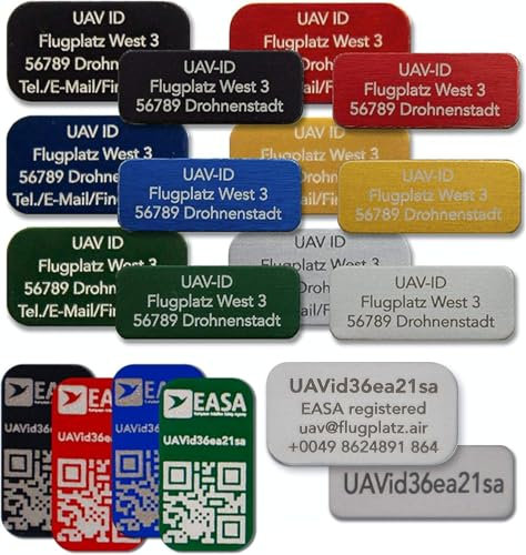 UAV-ID Drohnen-Kennzeichen | Gold 20x8mm | Aluminium Lasergraviert | Selbstklebend |E-ID Registrierungsnummer| Plaketten Aufkleber