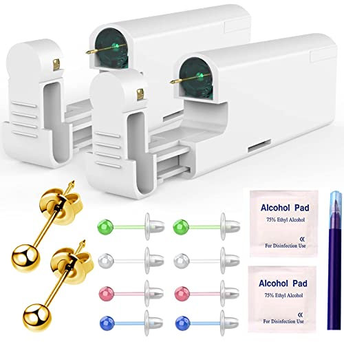 KAIQIKAIXI 2PCS Ear Nail Gun Disposable Aseptic Household Ear Piercing Gun Portable Ear Piercing Gun Group Ear Piercing Tools (New Generation) (Gold 3mm)