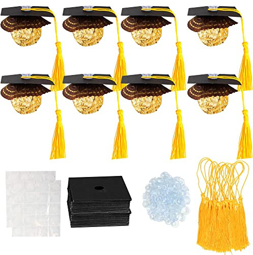 Gyufise 36Pcs 2025 Graduation Cap Cupcake Toppers with Tassel Adhesive Dots Chocolate Decorations Class of 2025 Congrats Grad Cap Cupcake Decorations for 2025 Graduation Theme Party Supplies Gold