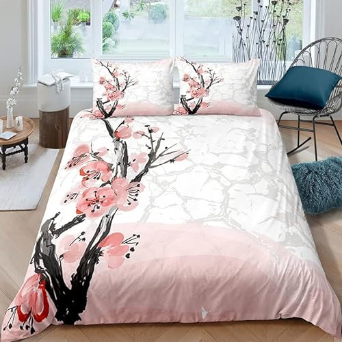YELDAN Bettwäsche 135x200 Kirschblüten - japanisch Bettbezug 135 x 200 2er Set mit 1 Kissenbezug 80x80 cm, Weich Mikrofaser Bettwäsche-Sets mit Reißverschluss