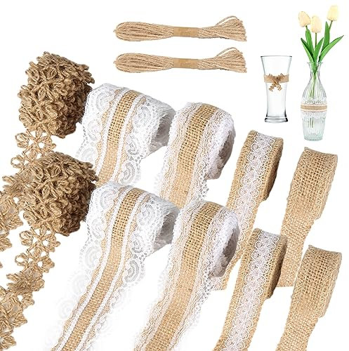 12Rollen Juteband mit Spitze, Vintage Spitzenband Weiß, Natürliche Sackleinen Hessische Jute Band, Schleifenband Hochzeit Dekoration, Spitzenbordüre Dekoband für DIY Handwerk Basteln Geschenkband