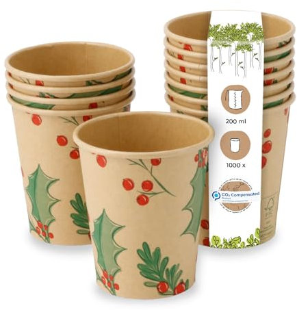 BIOZOYG 1000 vasos desechables de 200 ml Invierno Ramitas' para café To-Go ecológicos. Vasos desechables para el mercado de invierno, vasos de papel compostables de cartón sin blanquear.'